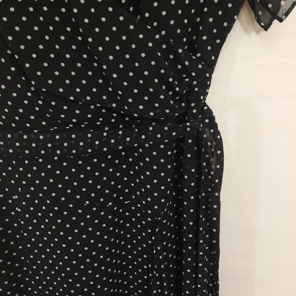 NWT DKNY Black Polka Dot Wrap Style Dress Sz 6 Ruffle Flutter Sleeve Tie Waist - Picture 6 of 11